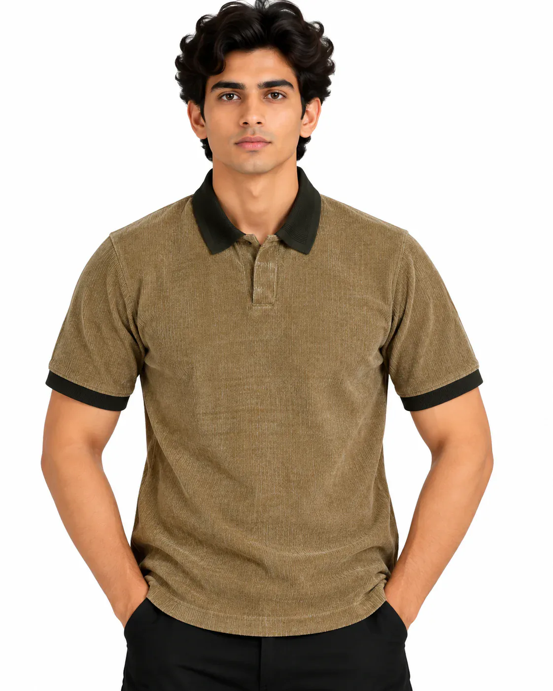 Contrast Collar Polo in Khaki — front