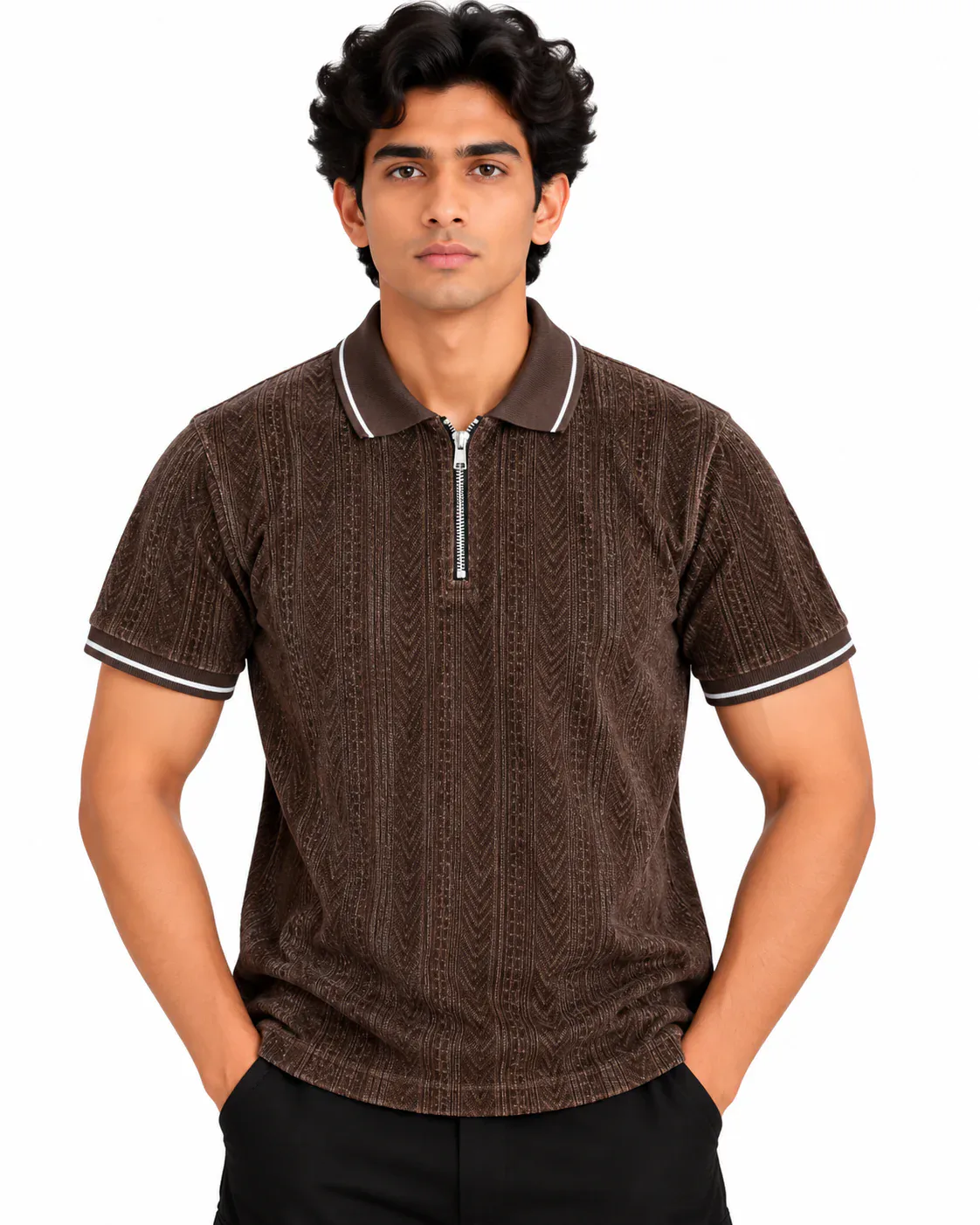 Textured Zip Polo in Coffee Brown — front