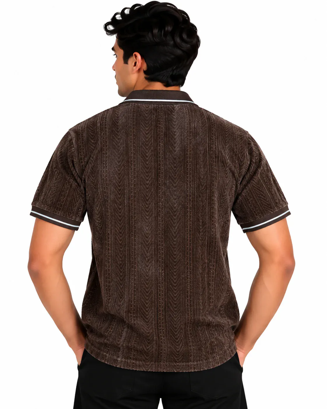 Textured Zip Polo in Coffee Brown — back